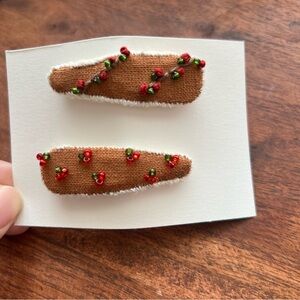 Handmade Brown Hair Clips with Floral Embroidery